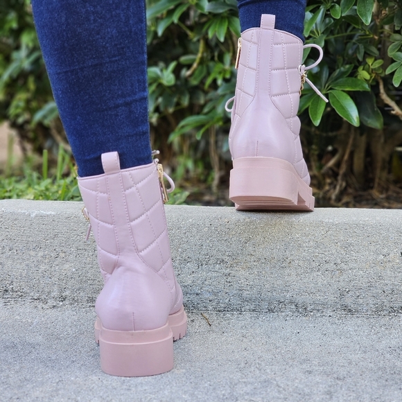 Womens Chunky Block Heel Ankle Combat Boots Pink Color - Picture 5 of 7